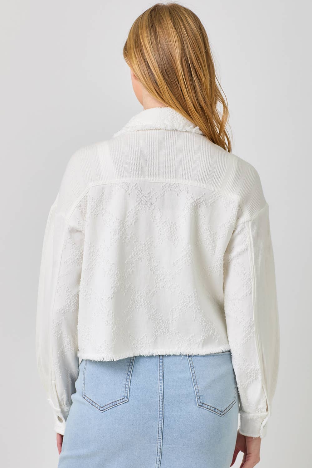 60634 Mixed Media Balloon Sleeve Jacket : Off White Mix / Large