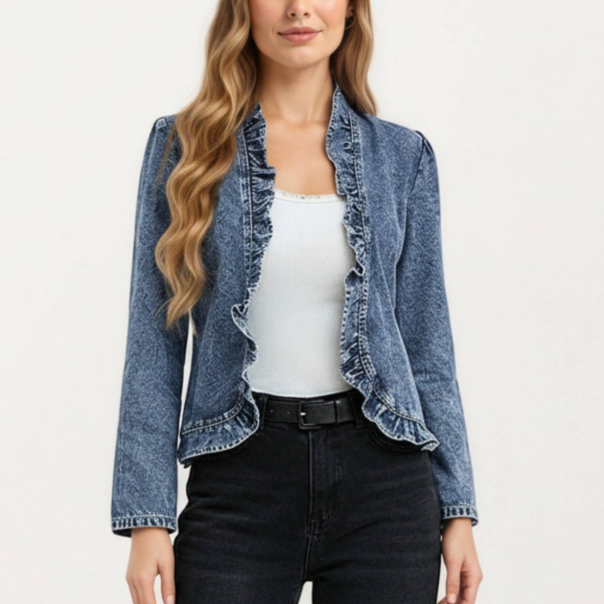 Denim Jacket with Soft Ruffle Trim Open Front Design