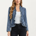 Denim Jacket with Soft Ruffle Trim Open Front Design and Textured Washed Finish for Stylish Layered Outfits: Blue / Small 4-6