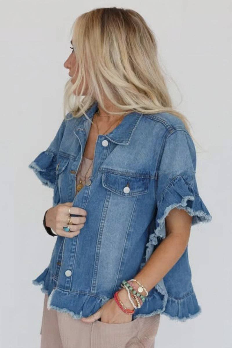 Frayed Hem Denim Jacket: BLUE / S