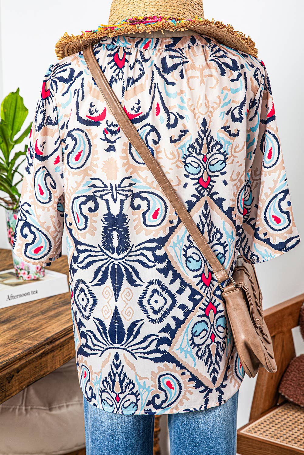 Fashion-W Boho Abstract Notch Split Half Sleeve Blouse: AS SHOWN / Missy / L