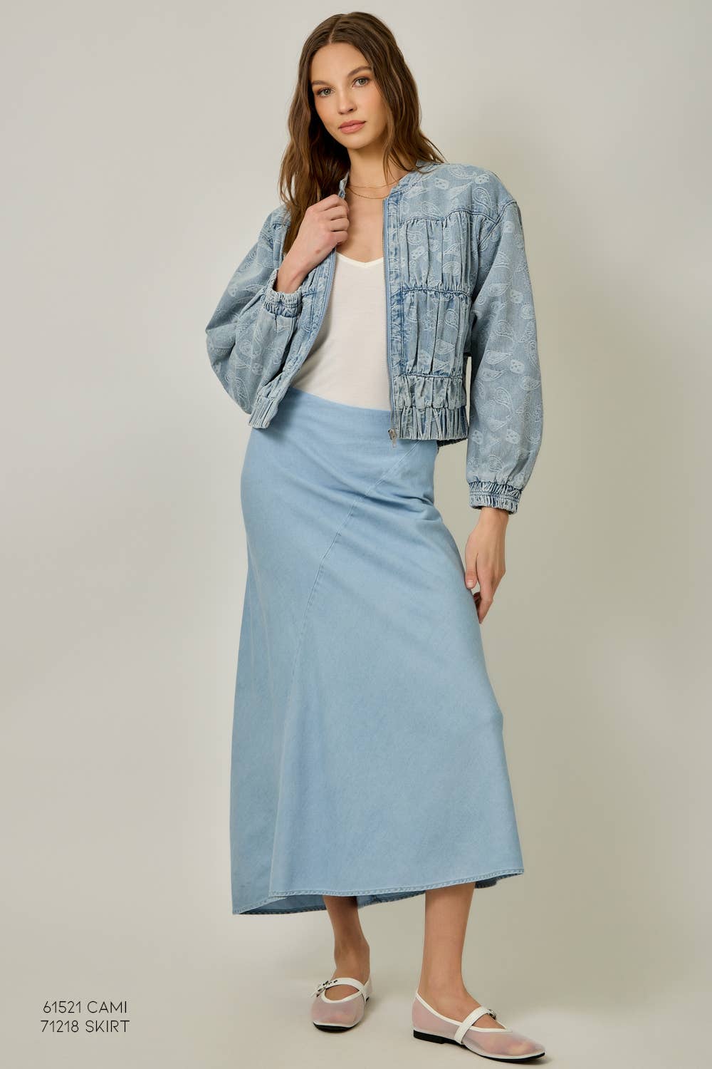 Ruched Denim Bomber Jacket