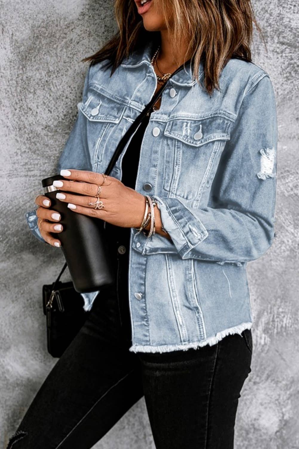 Lapel Distressed Raw Hem Buttons Denim Jacket (S-2XL): Blue / Missy / L