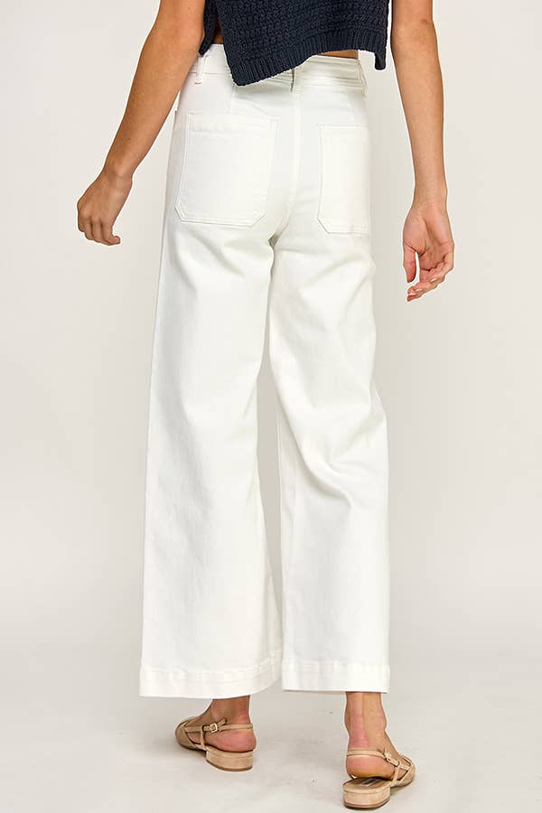 White Flap Pocket Wide Leg Jeans