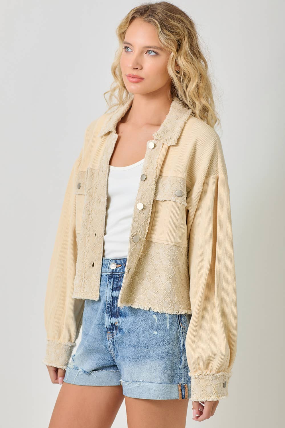 60634 Mixed Media Balloon Sleeve Jacket : Off White Mix / Small
