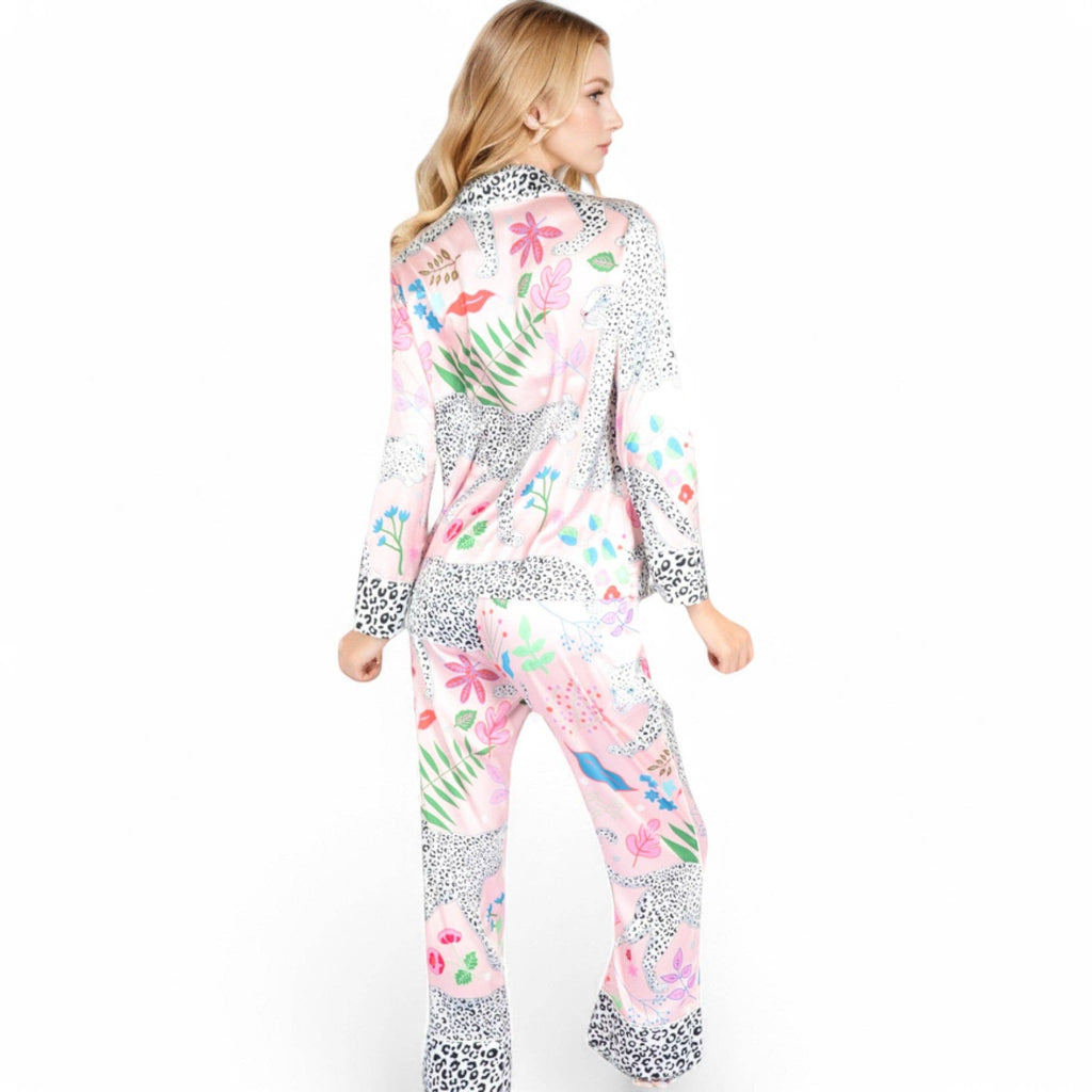 Satin Pink Leopard Print Pajama Set with Long Sleeve: Pink / Large 12-14