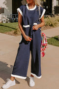 Navy Colorblock Pocket Tee Wide Leg Pants Two Piece Set: Navy Blue / 70%Polyester+27%Viscose+3%Elastane / L