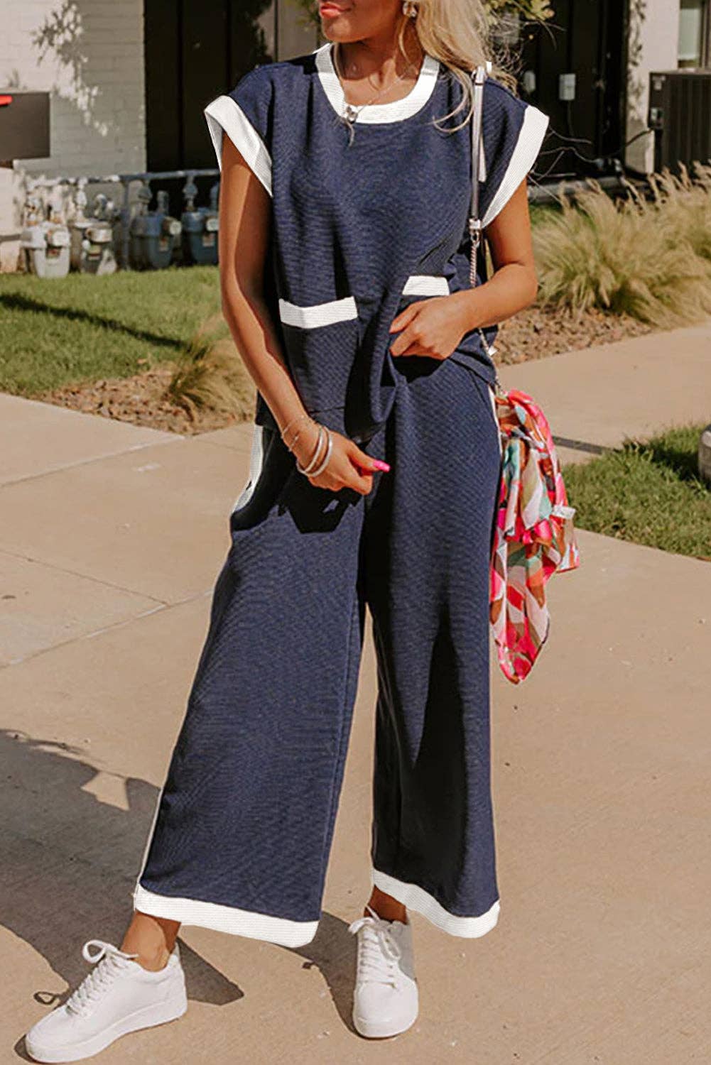 Navy Colorblock Pocket Tee Wide Leg Pants Two Piece Set: Navy Blue / 70%Polyester+27%Viscose+3%Elastane / L