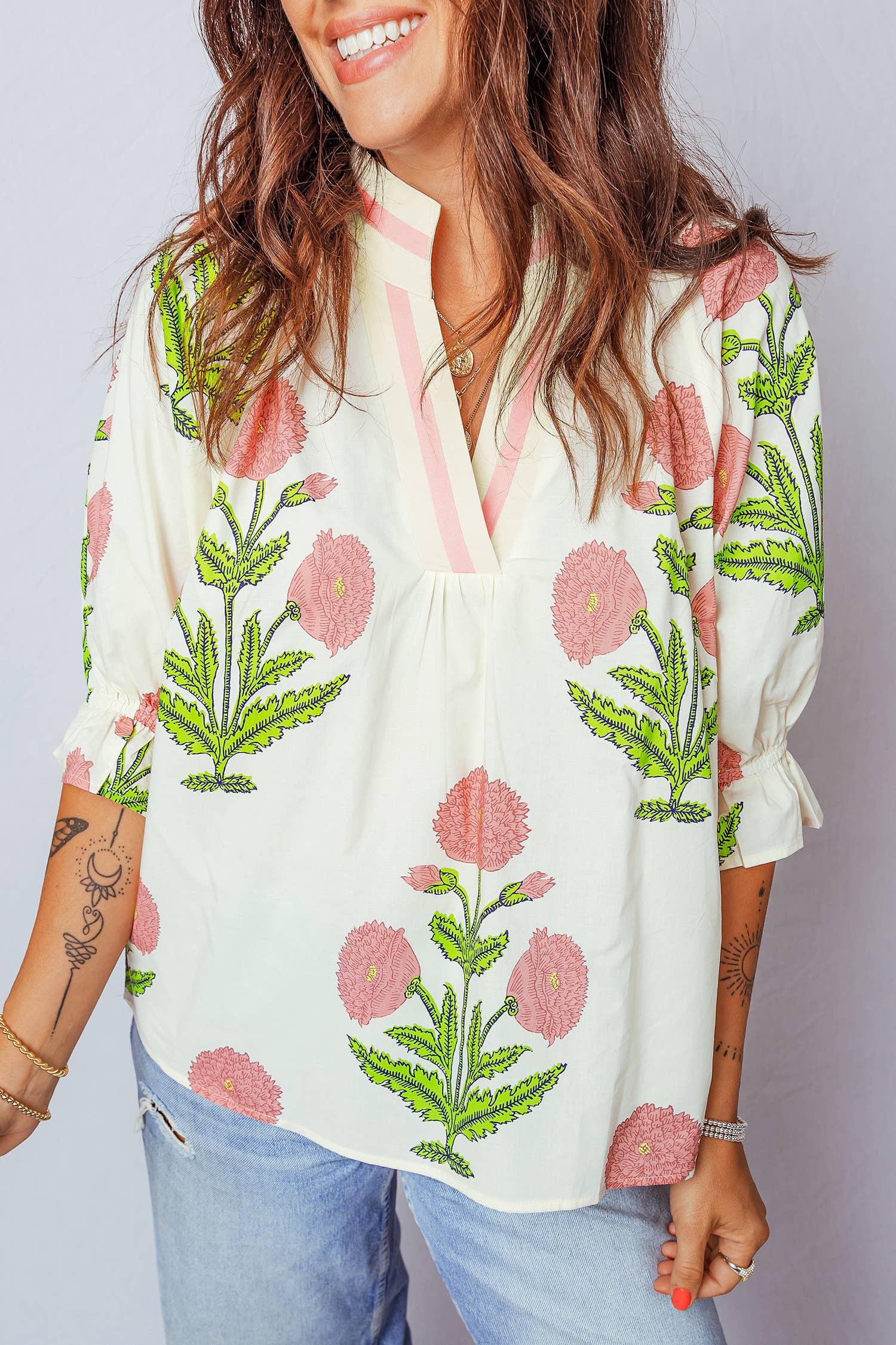 Floral V Neck 3/4 Sleeve Blouse | S-XL: Blue / Missy / L