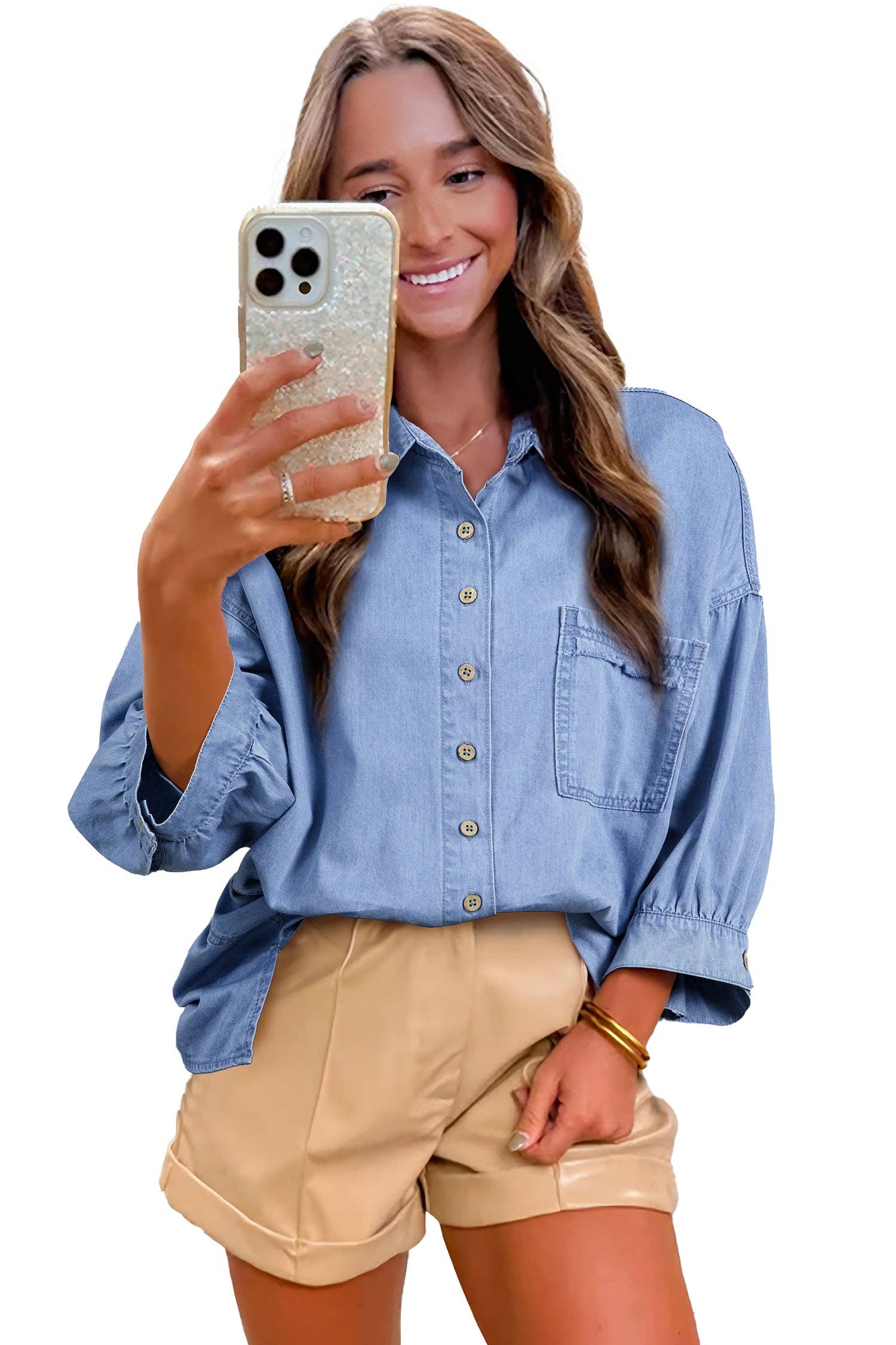 Washed Chambray Drop Shoulder Bracelet Sleeve Shirt