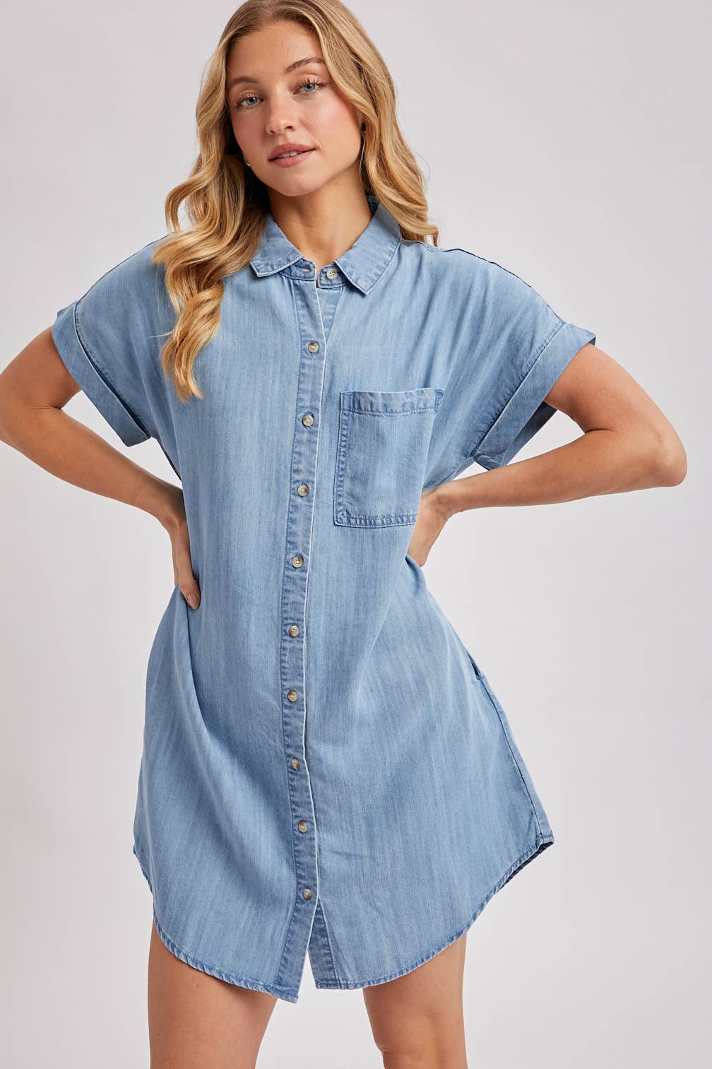 DENIM BUTTON DOWN SHIRT DRESS: MED.WASH / S