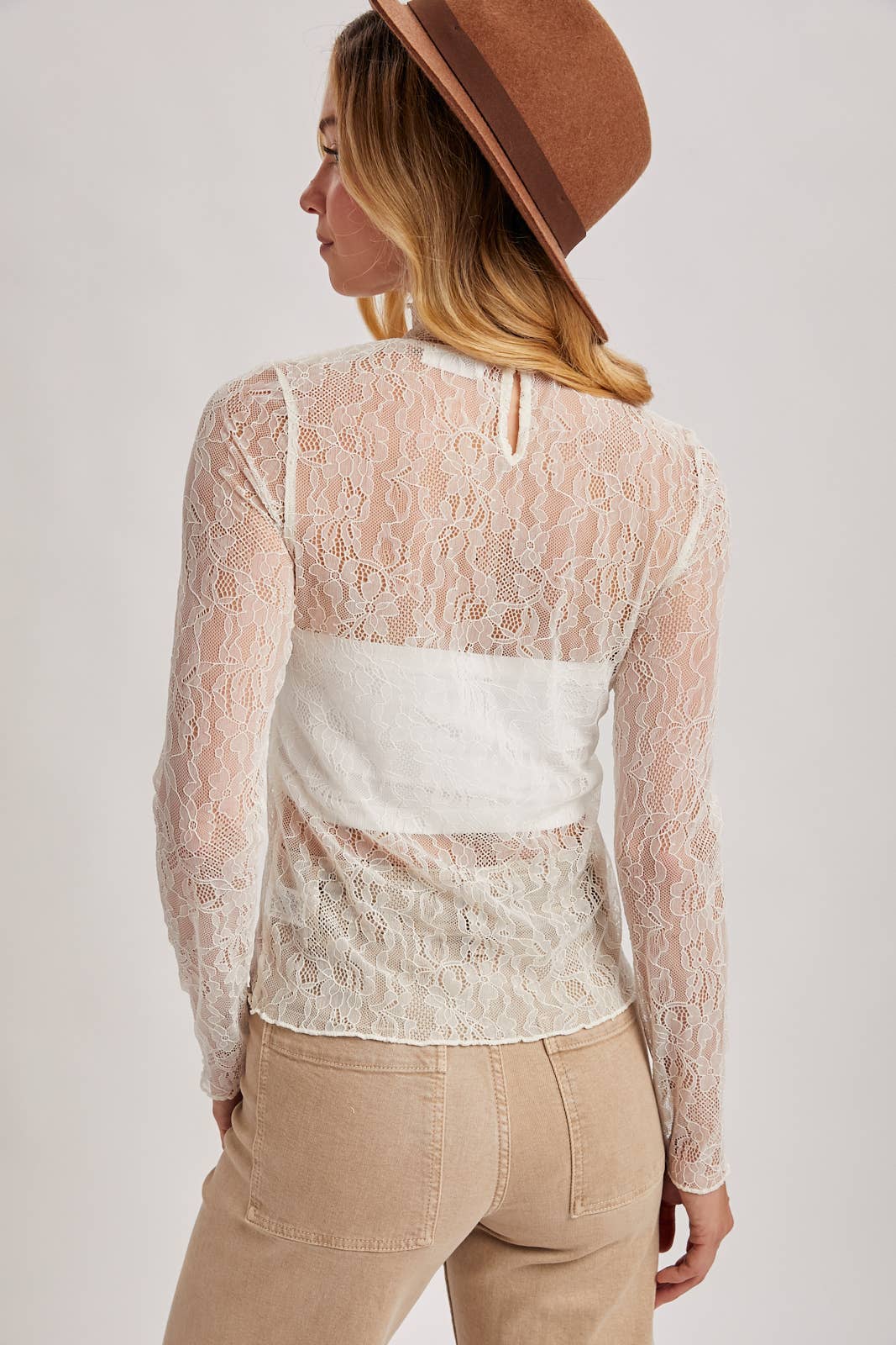 ELEGANT LONG-SLEEVED MOCK NECK LACE TOP WITH NO LINING: IVORY / L