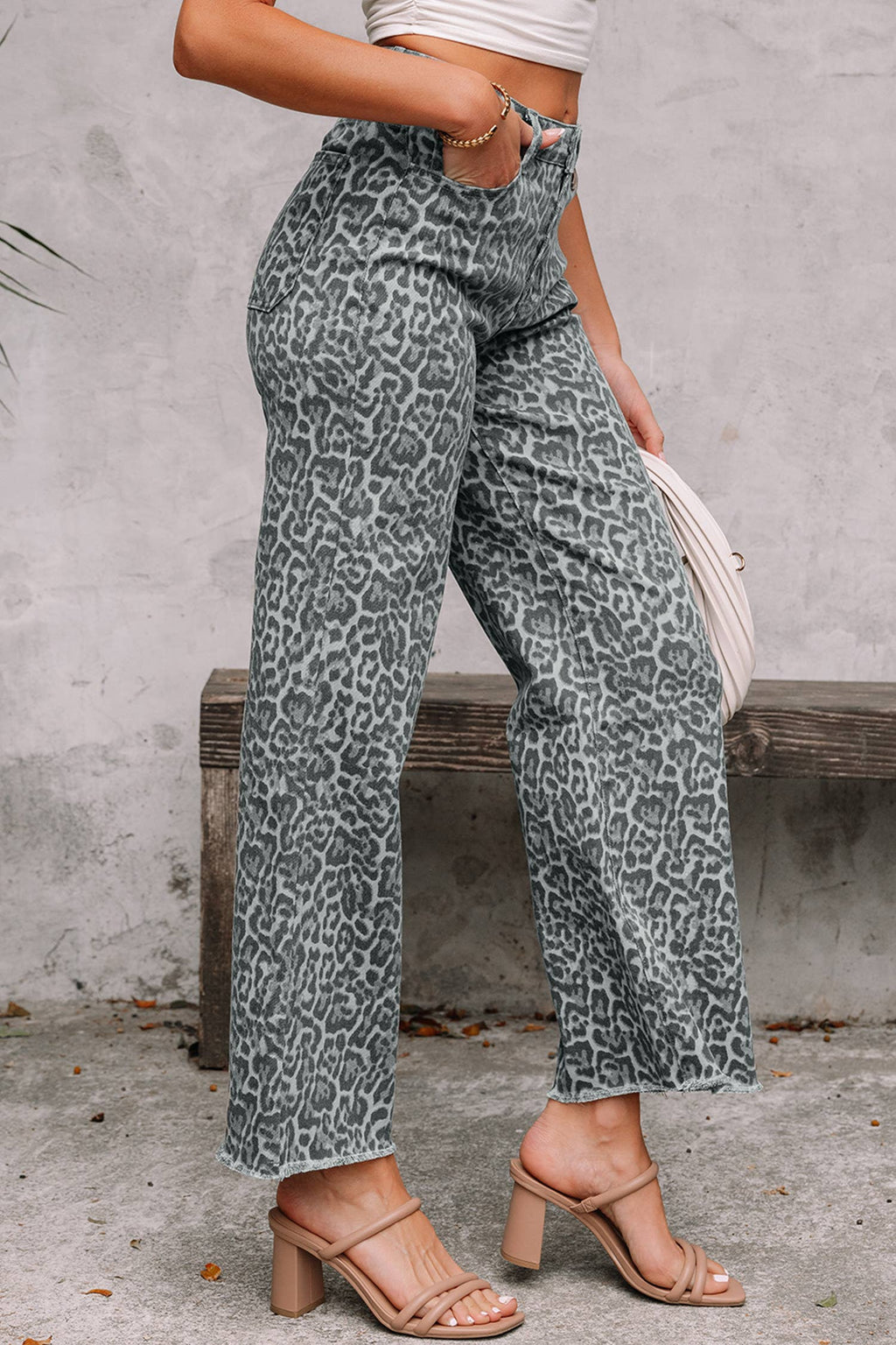 66 Western Leopard Love Edge Wide Leg High Waist Jeans: Light Gray / 6