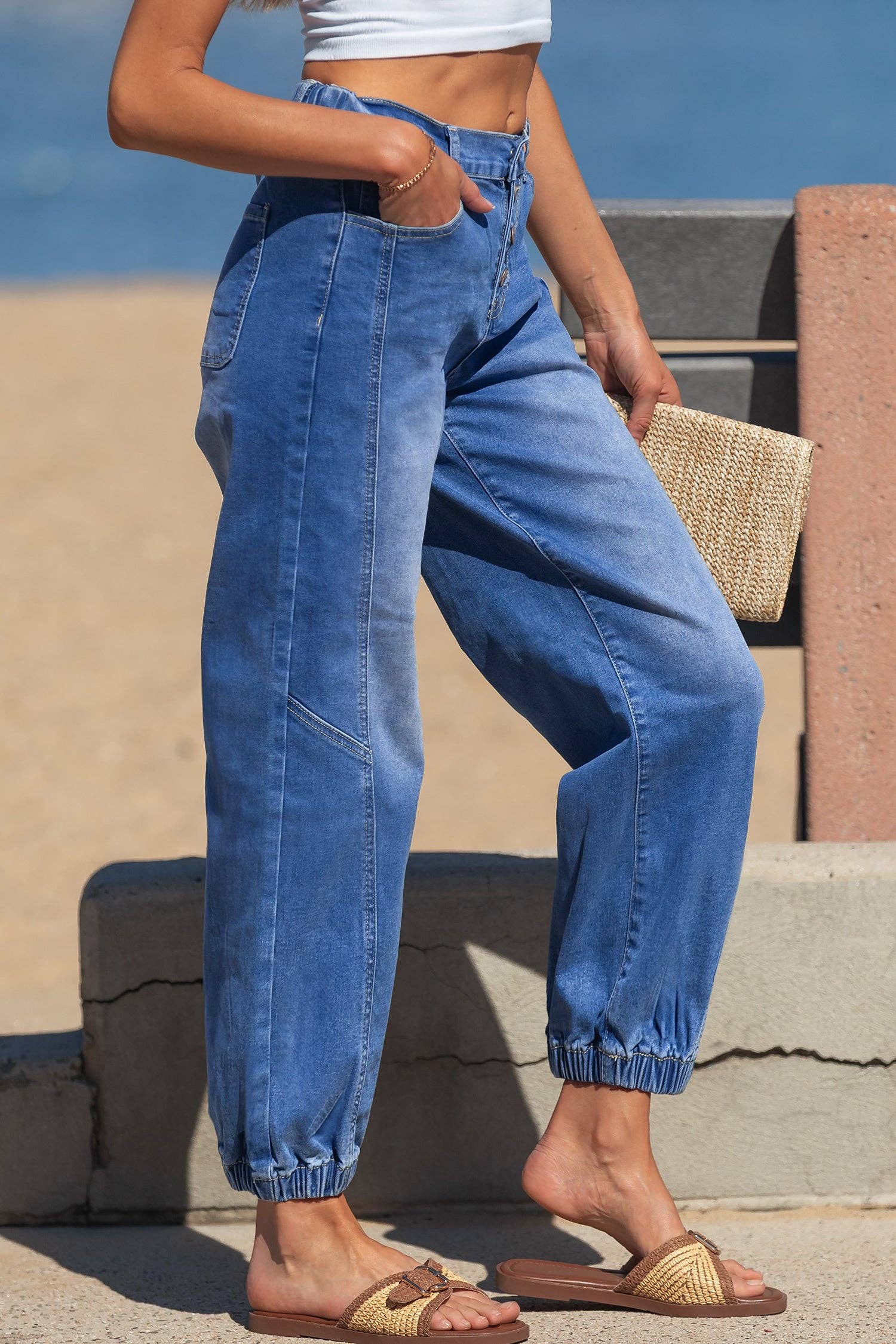 Blue 4 Buttons Front Tapered Casual Loose Fit Jeans: Blue / 65%Cotton+33%Polyester+2%Elastane / 10