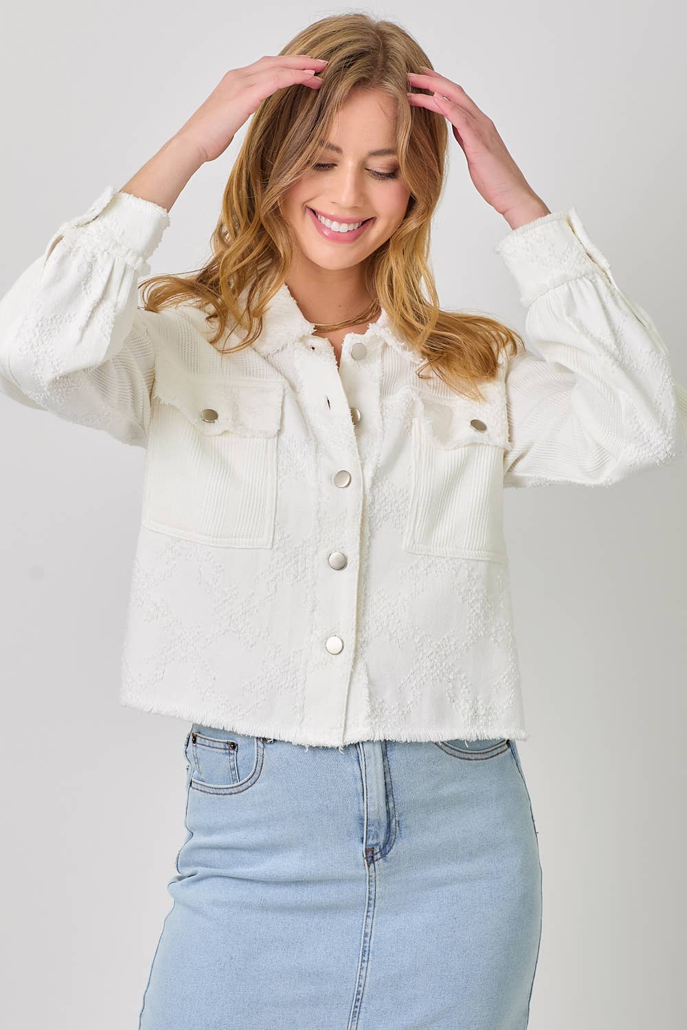 60634 Mixed Media Balloon Sleeve Jacket : Off White Mix / Large