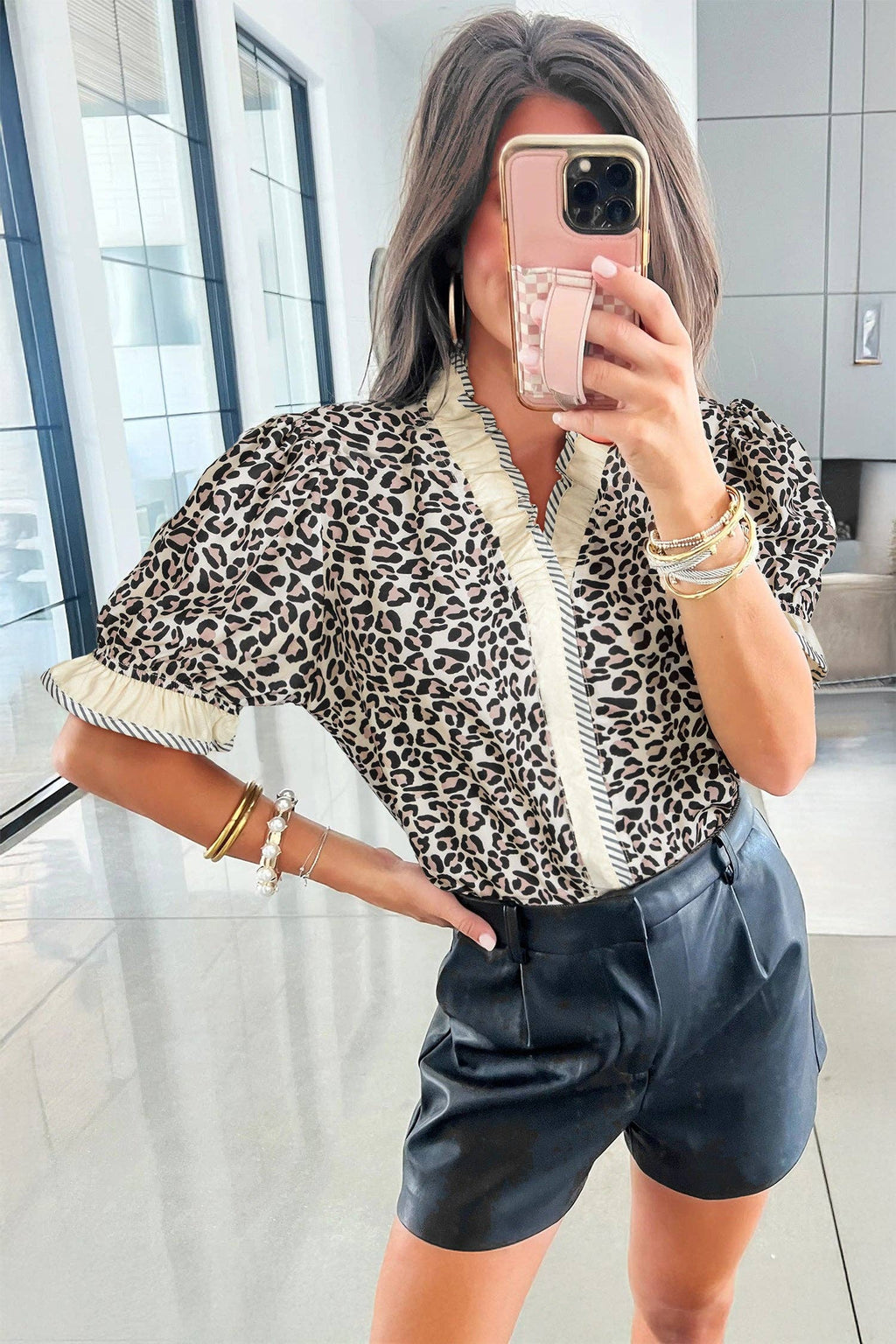 Leopard Print V Neck Blouse with Striped Ruffle Trim: Black / 100%Polyester / S