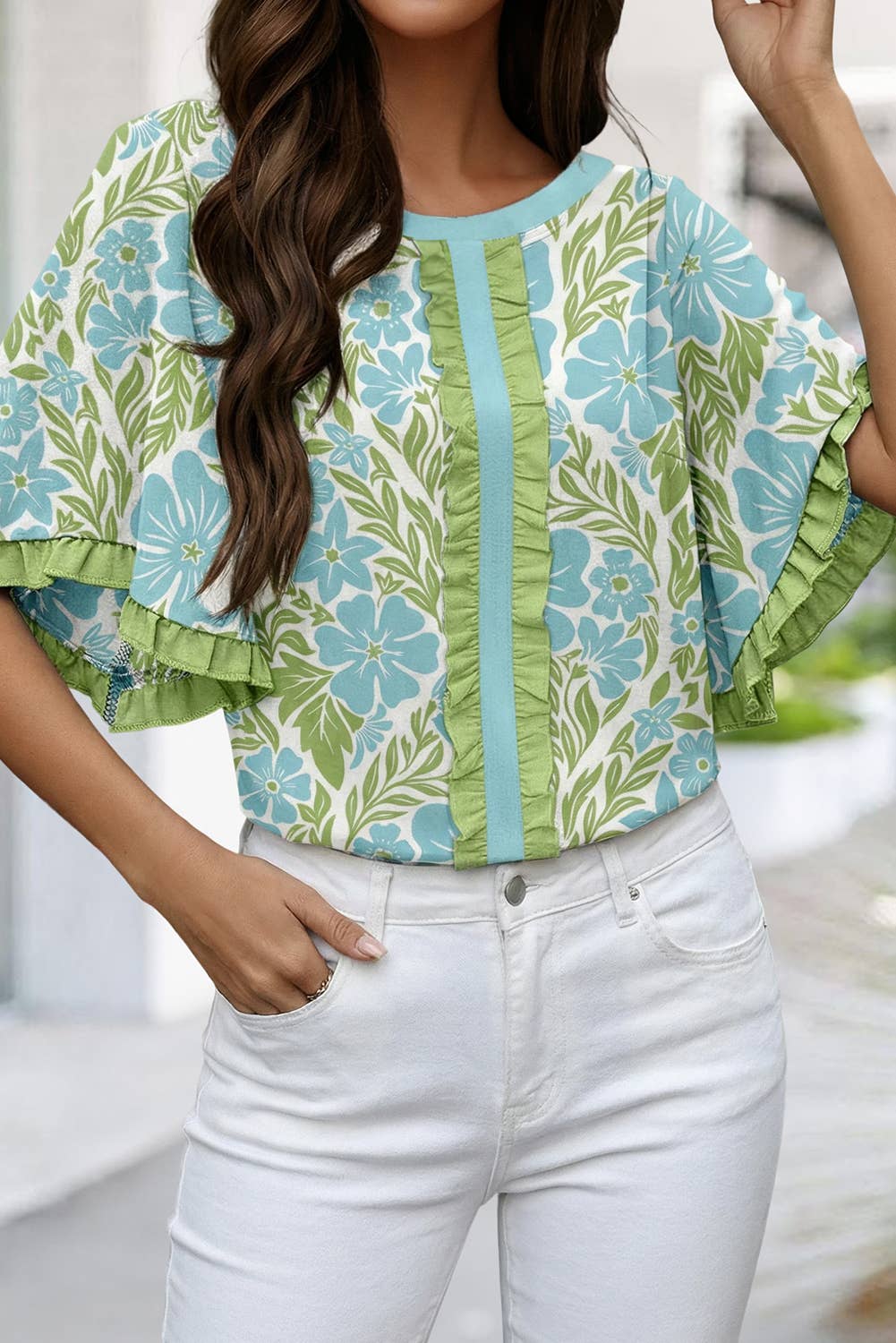 Floral Print Frill Contrast Trim S/S 26 Blouse | S-XL: Sky Blue / XL
