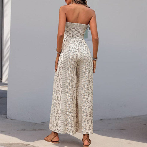Boho Strapless Smocked Jumpsuit with Wide-Leg Flare Pants