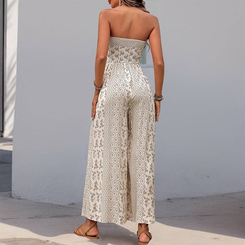 Boho Strapless Smocked Jumpsuit with Wide-Leg Flare Pants: Apricot / 100%Viscose / XL