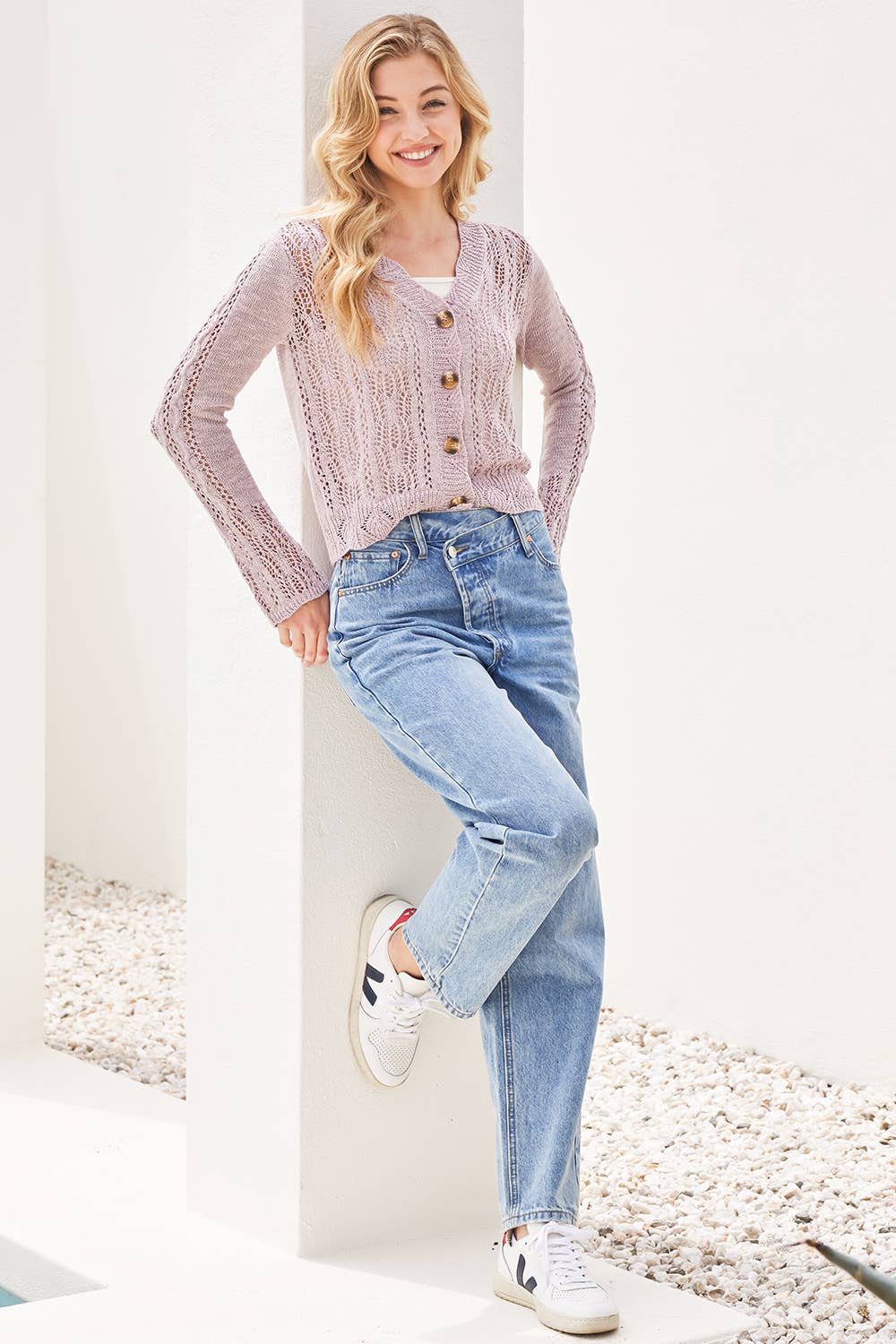 DENIM ASYMMETRICAL WAIST STRAIGHT LEG JEANS: MED.WASH / S