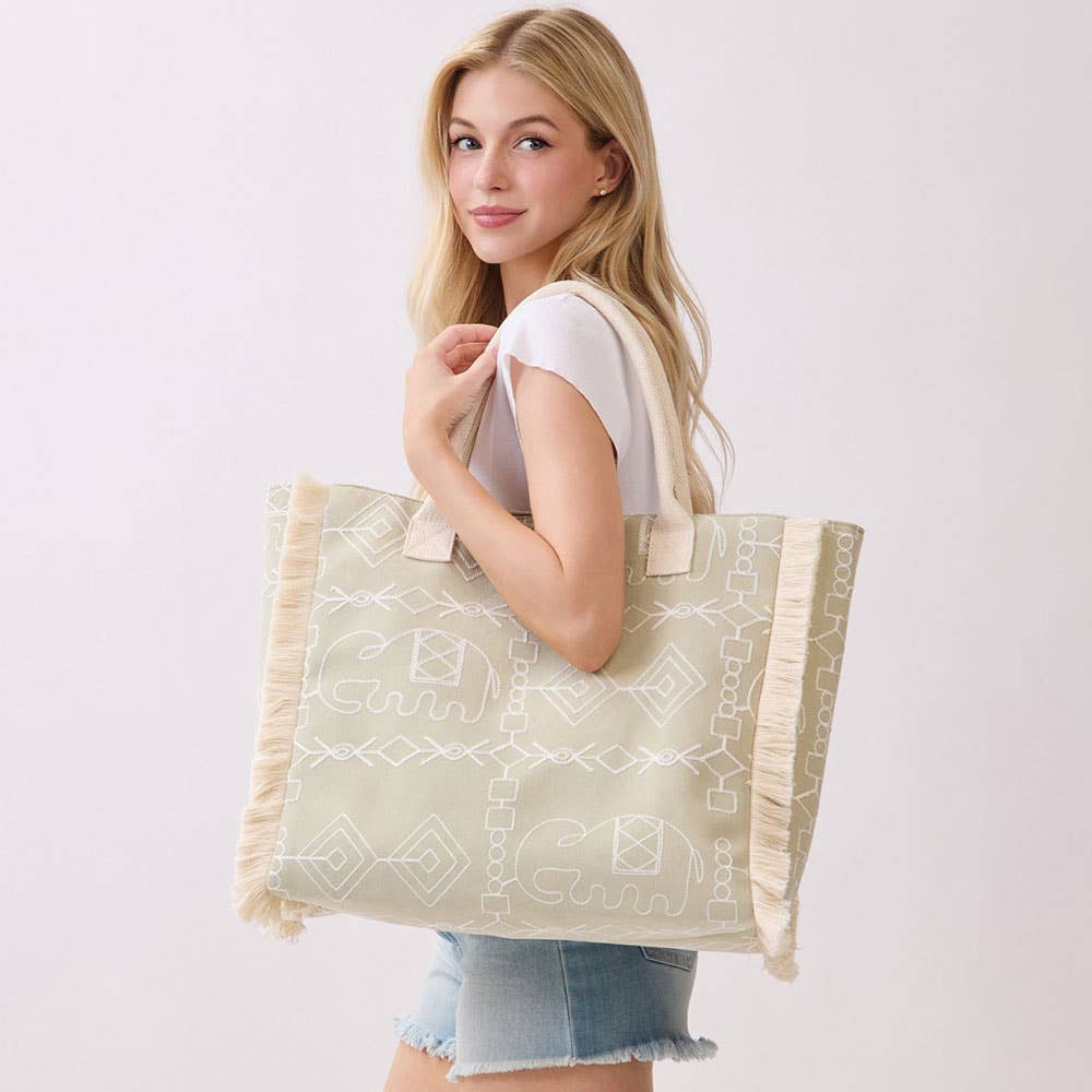 Boho Geometric Elephant Print Fringe Tote Bag: Pink