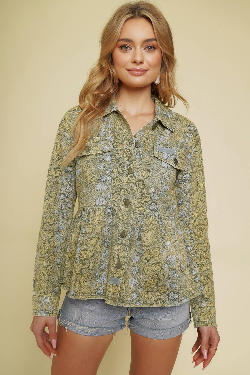 55936 Animal Print Peplum Jacket: LT Olive / Large