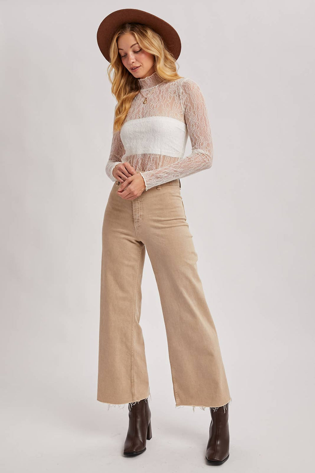 ELEGANT LONG-SLEEVED MOCK NECK LACE TOP WITH NO LINING: IVORY / L