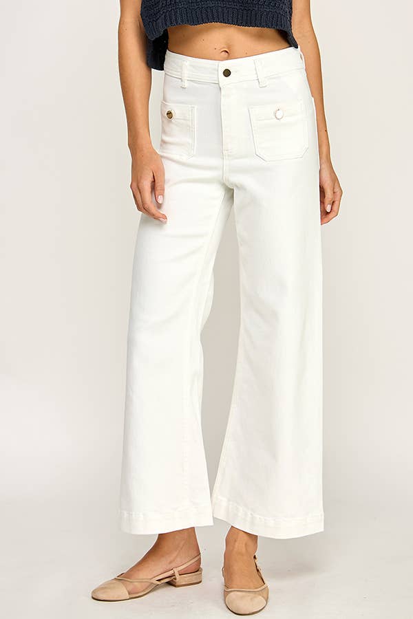 White Flap Pocket Wide Leg Jeans