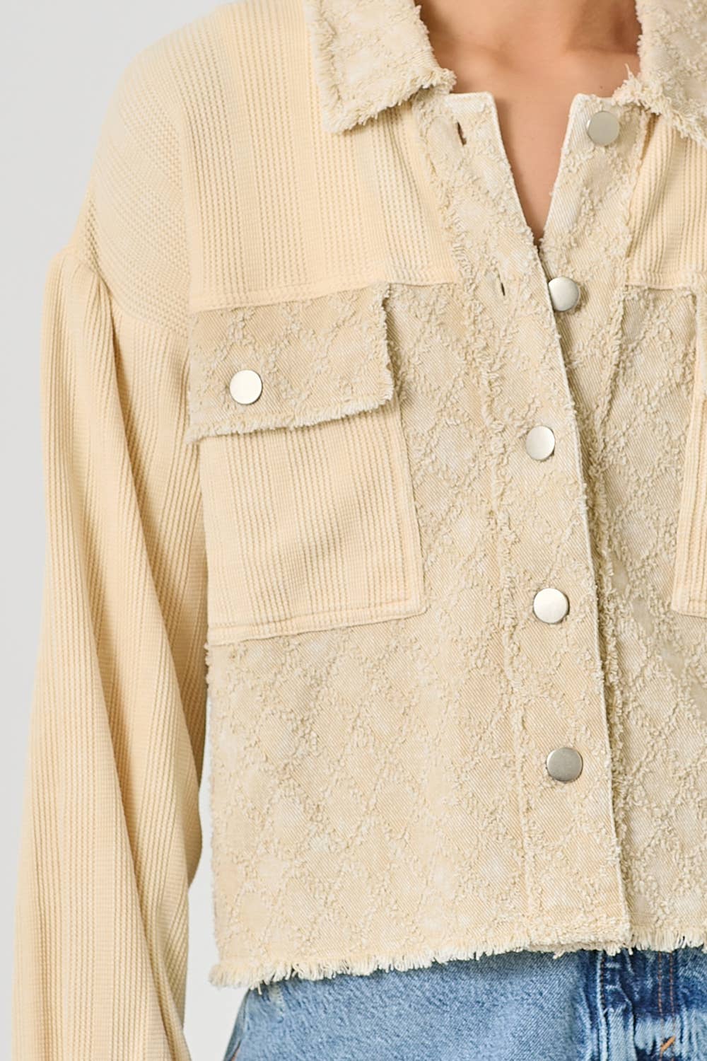 60634 Mixed Media Balloon Sleeve Jacket : Off White Mix / Large