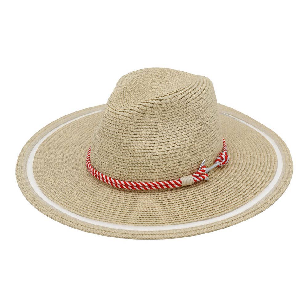 Anchor Detail Nautical Rope Band Sheer Brim Woven Sun Hat: White