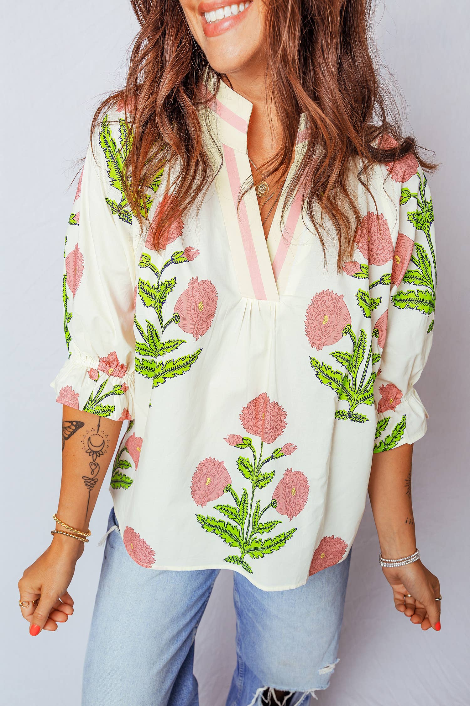 Floral V Neck 3/4 Sleeve Blouse