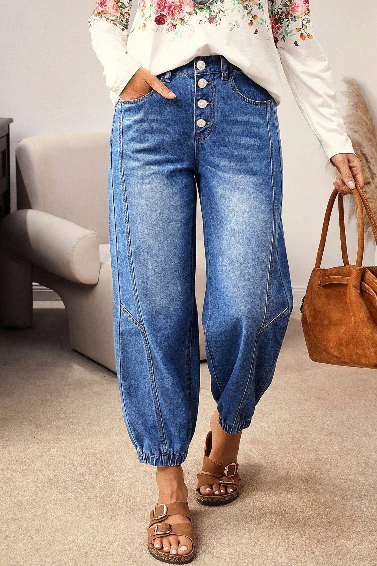 Blue 4 Buttons Front Tapered Casual Loose Fit Jeans: Blue / 65%Cotton+33%Polyester+2%Elastane / 10