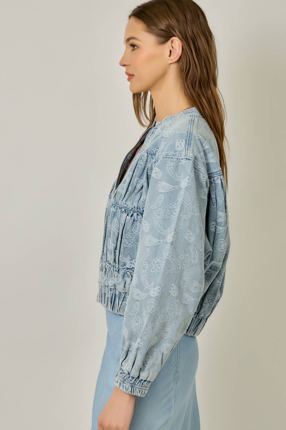 61362 Ruched Denim Bomber Jacket: Light Denim Blue / Small
