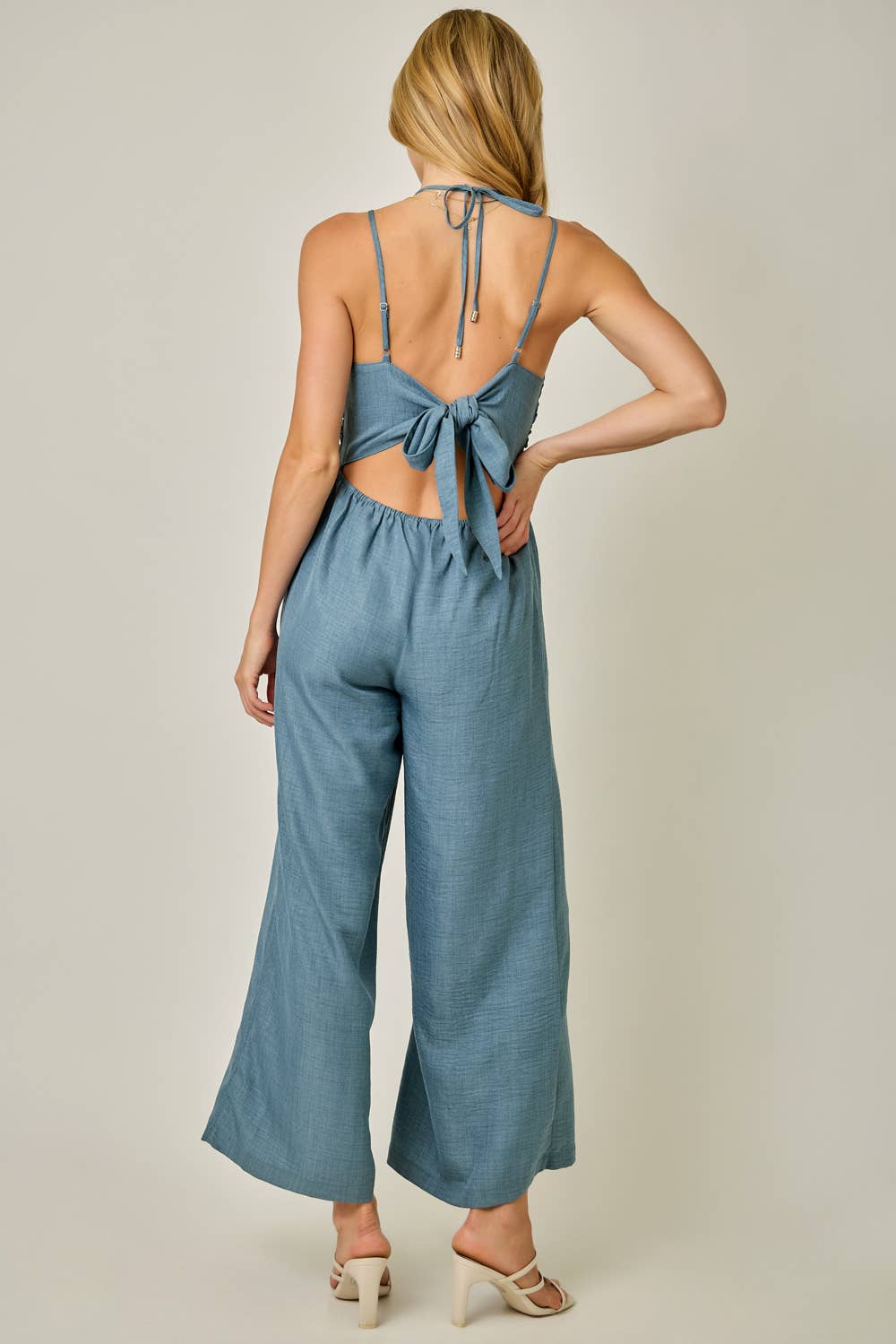 71161 Washed Gauze Halter Tie Jumpsuit: Dark Chambray / Small