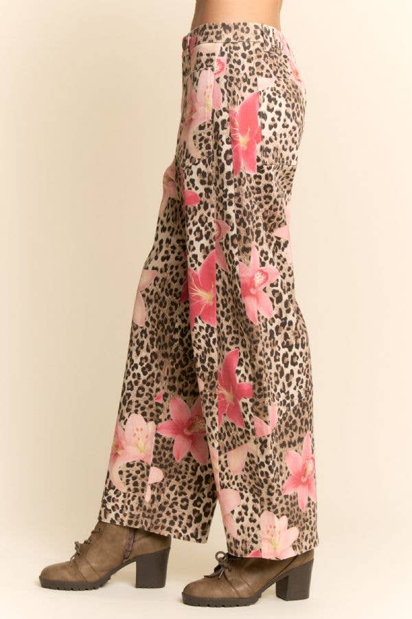 LEOPARD FLORAL PRINT RELAXED WIDE LEG PANTS: LEOPARD FLORAL / S