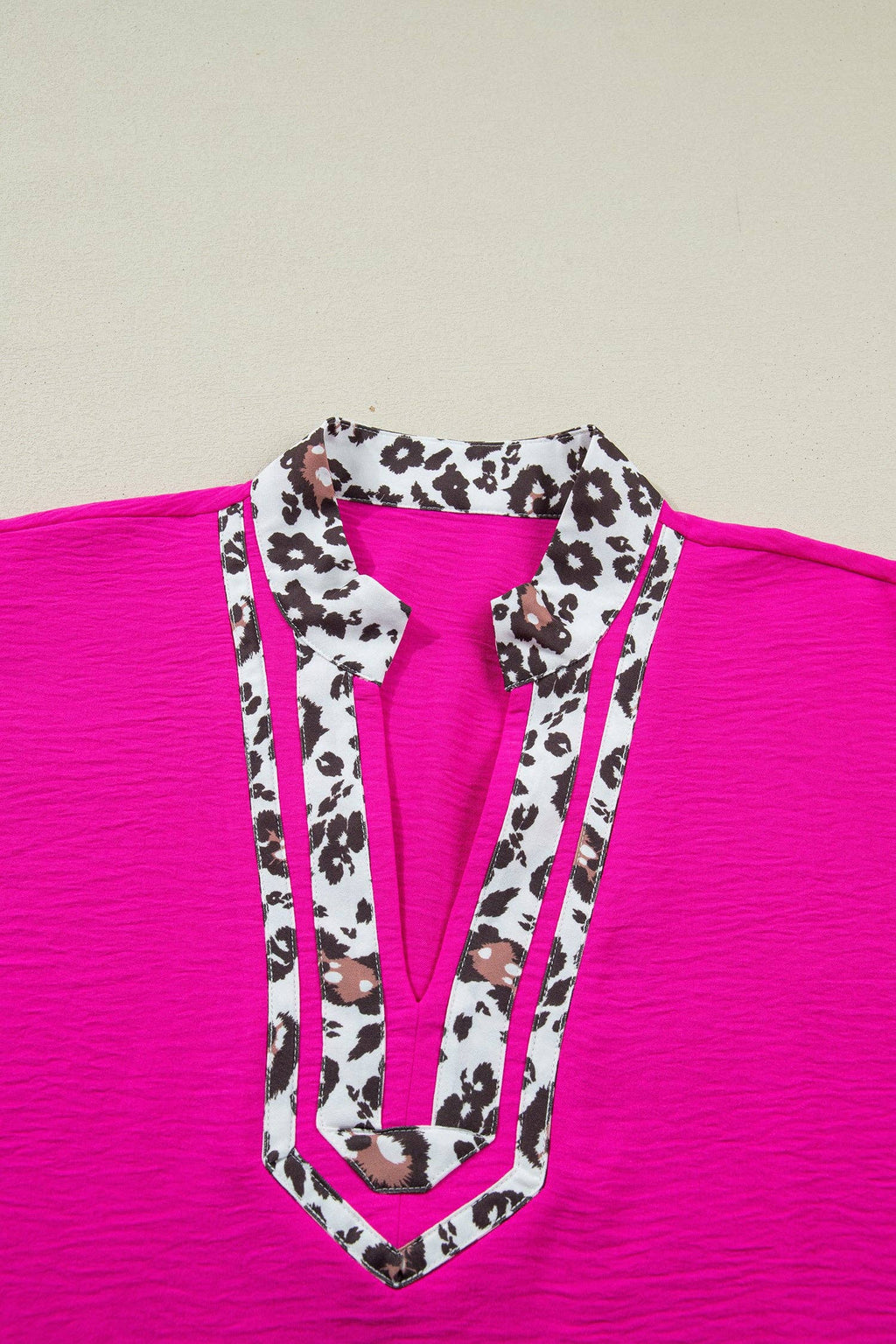 Rose Leopard Trim V Neck Dolman Sleeve Blouse Loose Fit Top: Black / 100%Polyester / XL