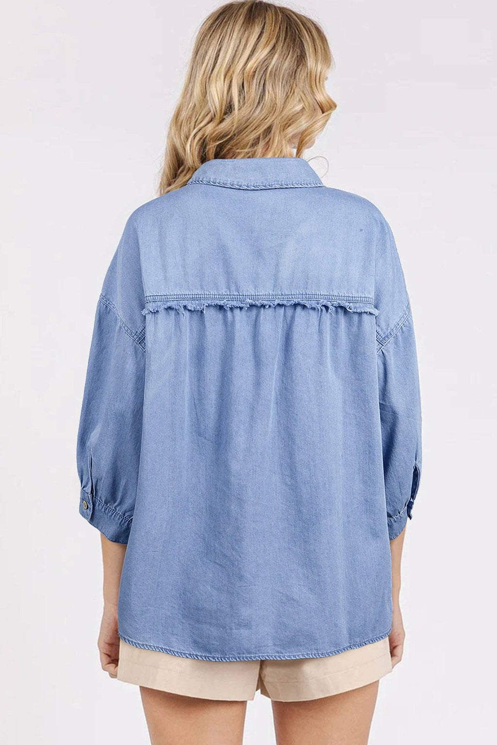 Washed Chambray Drop Shoulder Bracelet Sleeve Shirt