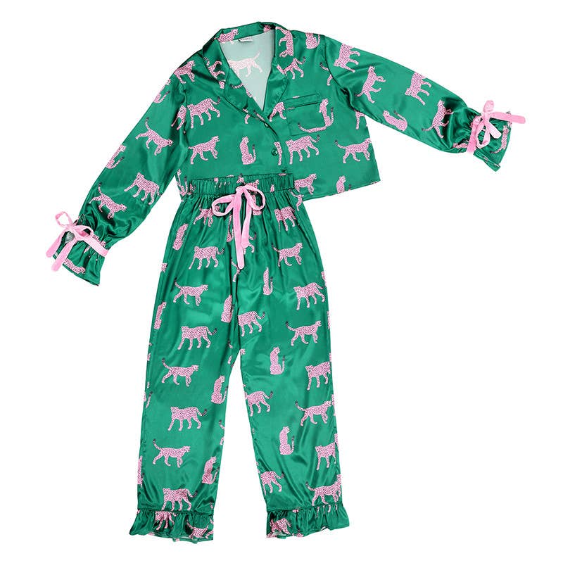 Ruffled PJ Set with Velvet Ties - Green + Cheetahs: Extra Large