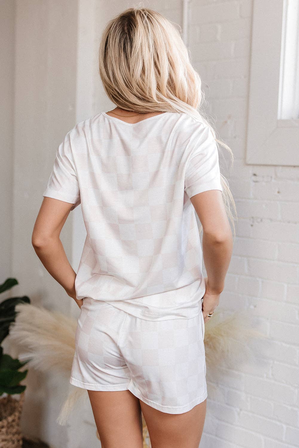 Beige Checkered Lounge Set V Neck Tee Shorts: Beige / 95%Polyester+5%Elastane / XL
