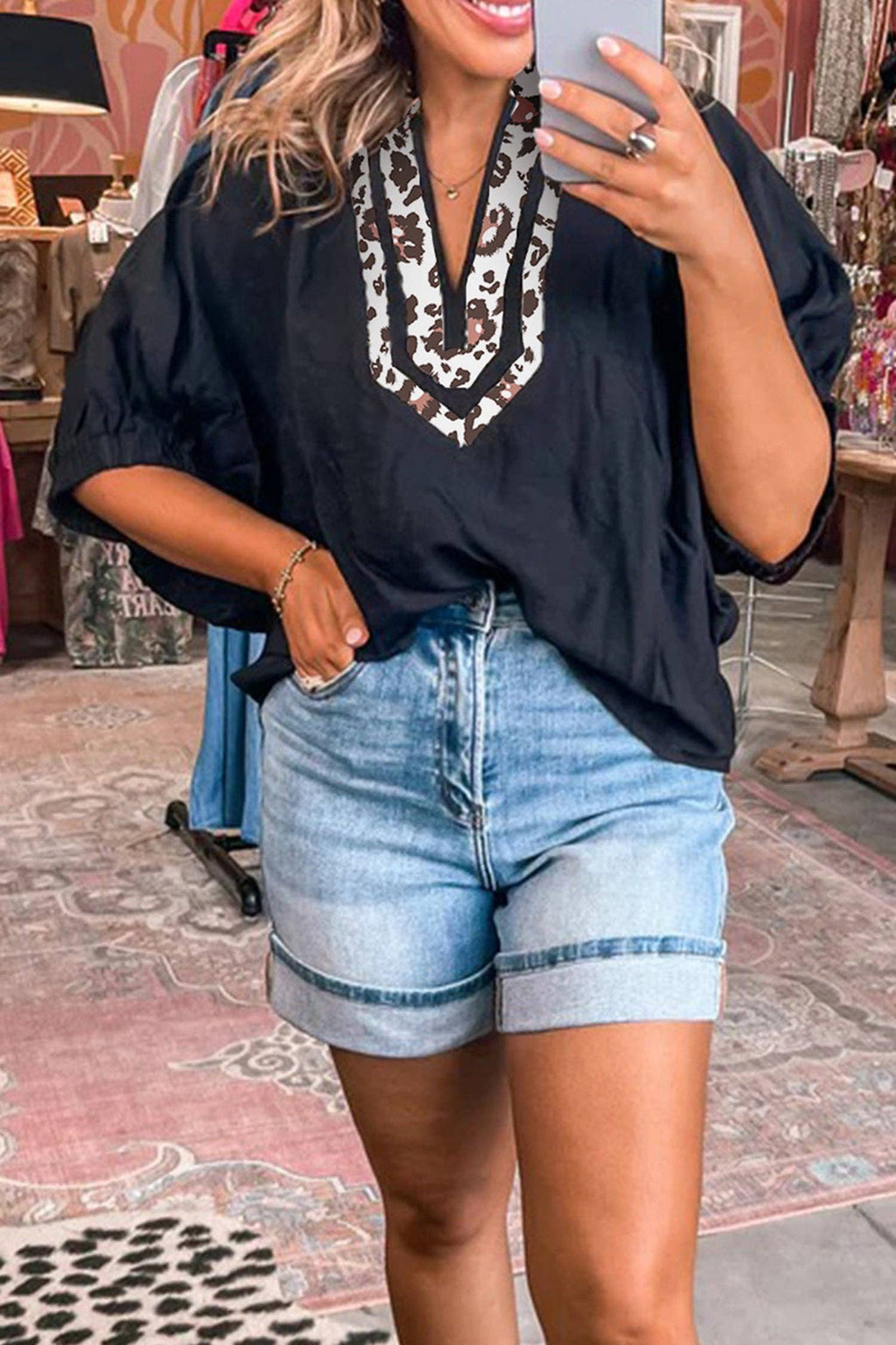 Rose Leopard Trim V Neck Dolman Sleeve Blouse Loose Fit Top: Rose Red / 100%Polyester / M