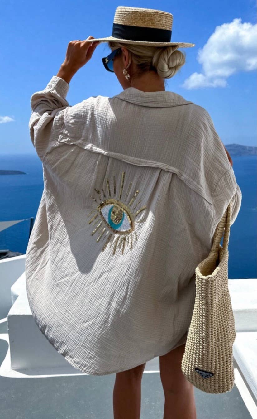 Beige Oversized Evil Eye Gauze Cotton Button Shirt