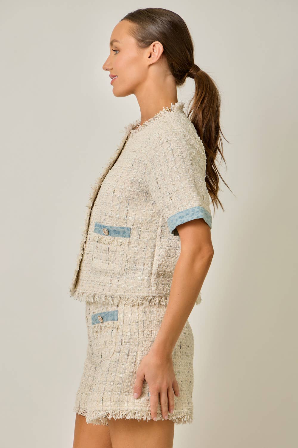61508 Short Sleeve Fringed Tweed Jacket: Ivory / Large