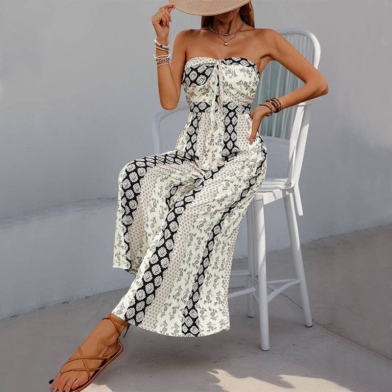 Boho Strapless Smocked Jumpsuit with Wide-Leg Flare Pants: Apricot / 100%Viscose / XL