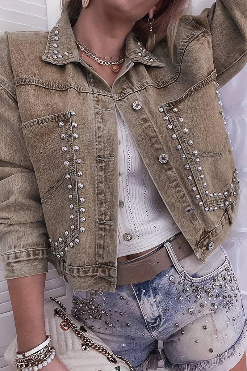 Studded Denim Jacket with Button Accents: PINK / S