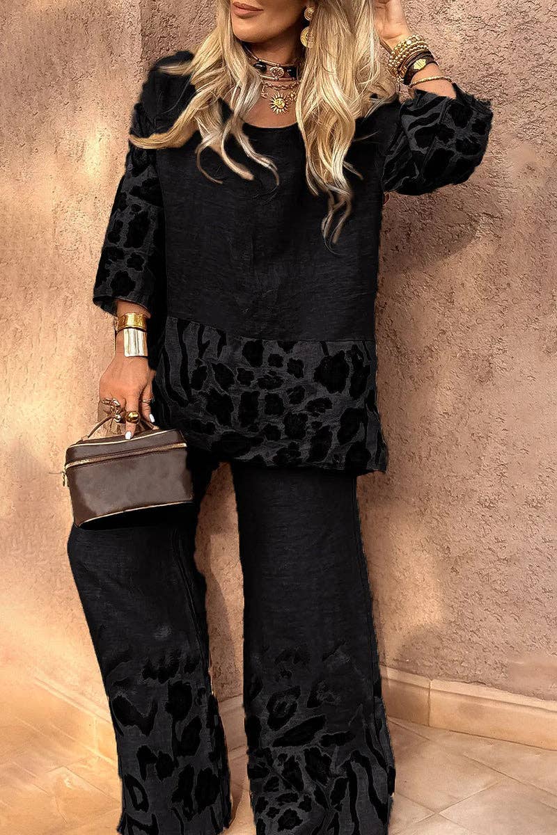 Leopard Print Two-Piece Set: KHAKI / S