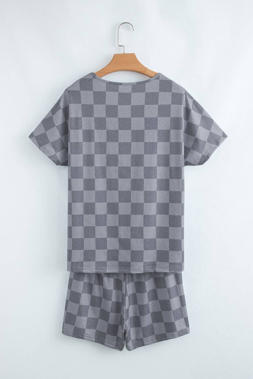 Beige Checkered Lounge Set V Neck Tee Shorts: Beige / 95%Polyester+5%Elastane / S