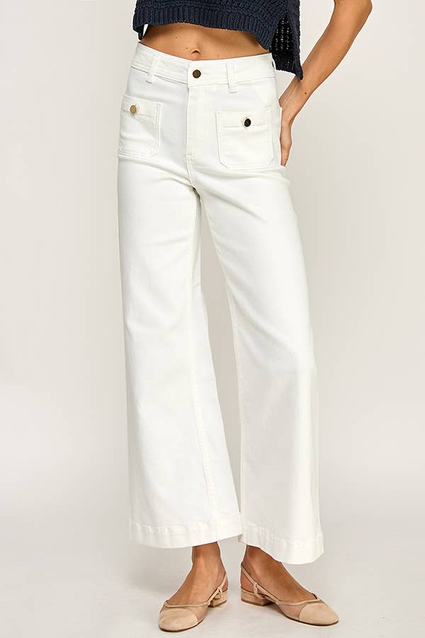 White Flap Pocket Wide Leg Jeans