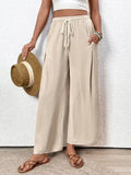 2026 Spring Casual Wide Leg Drawstring Pocket Pants: Apricot / 100%Polyester / M