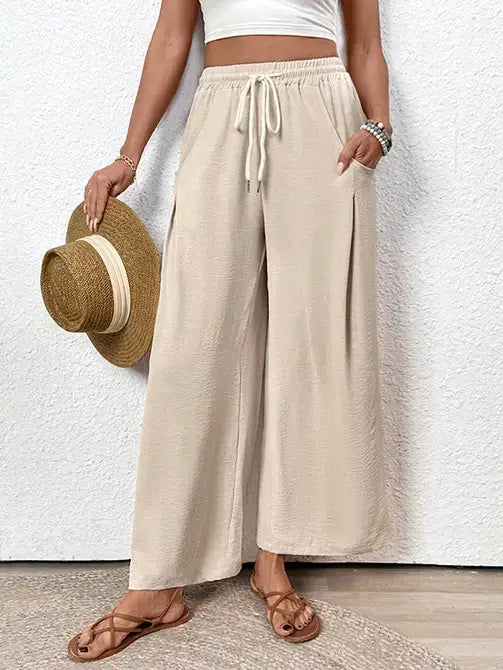 2026 Spring Casual Wide Leg Drawstring Pocket Pants: Apricot / 100%Polyester / XL